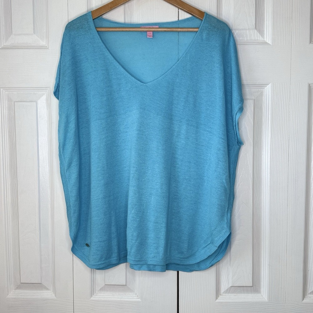Lilly Pulitzer 100% Linen Top Women L XL Blue V Neck Coastal Beachy Lightweight